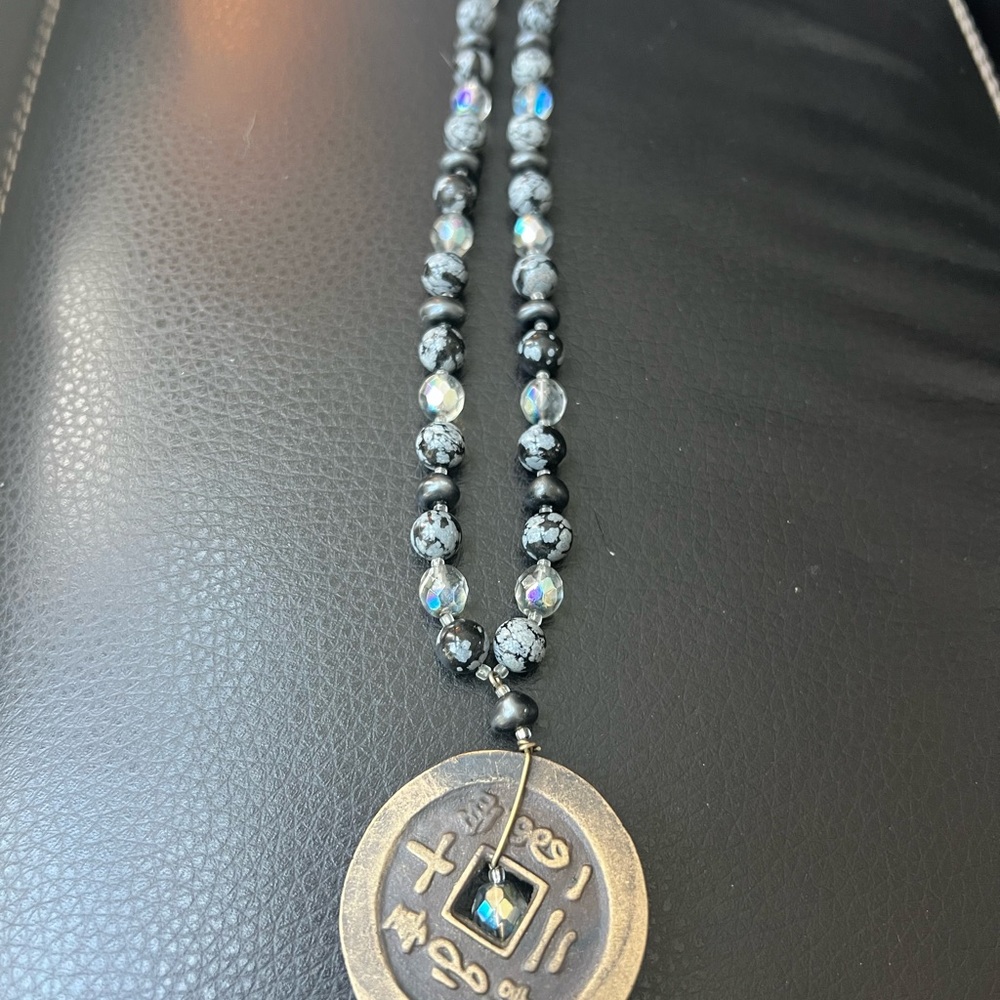 Black and Silver Beaded Necklace with Chinese Coin pendant